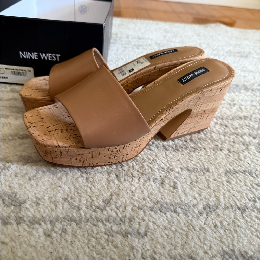Nine West Brown Cork Platform Mules
